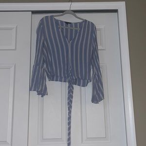 Blue and white stripped top with trumpet sleeves and adjustable tie for length
